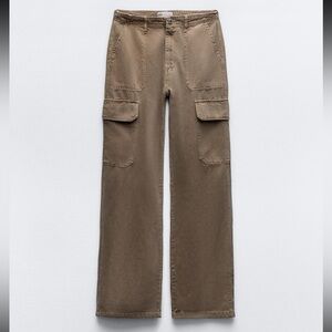 Zara Straight Leg Cargo Pants With A High Waist- Brown